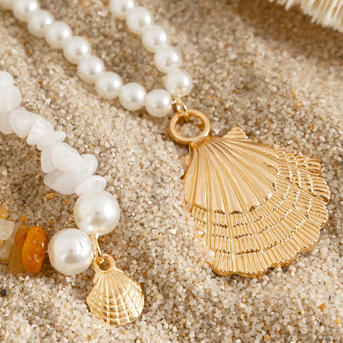 Beach Style Layered Shell Pendant Turquoise Stone Pearl Chain Necklace Set - ArtGalleryZen