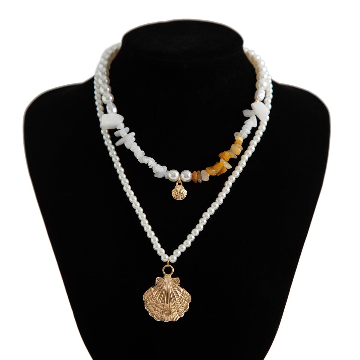 Beach Style Layered Shell Pendant Turquoise Stone Pearl Chain Necklace Set - ArtGalleryZen