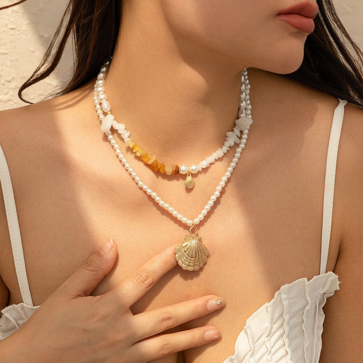 Beach Style Layered Shell Pendant Turquoise Stone Pearl Chain Necklace Set - ArtGalleryZen