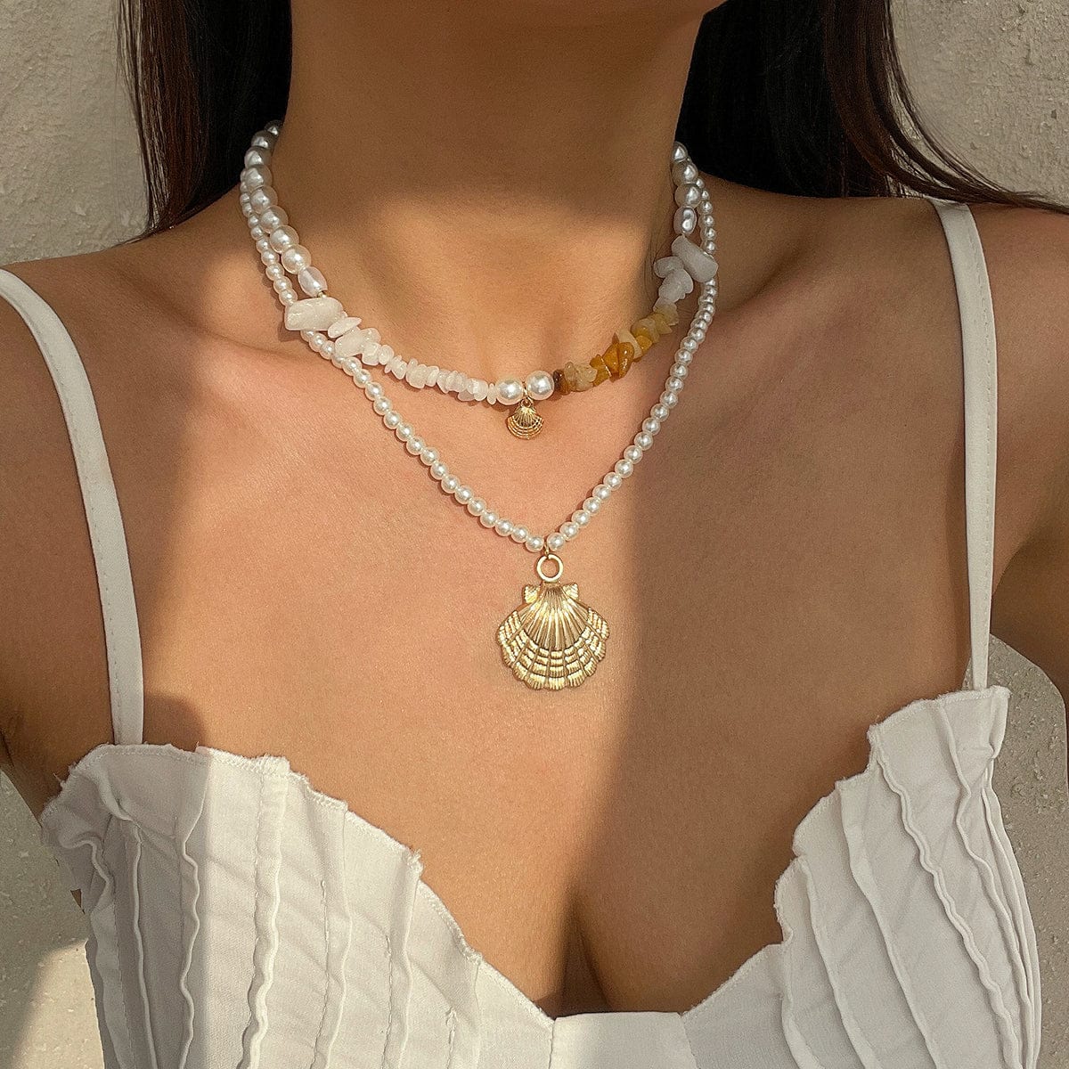 Beach Style Layered Shell Pendant Turquoise Stone Pearl Chain Necklace Set - ArtGalleryZen