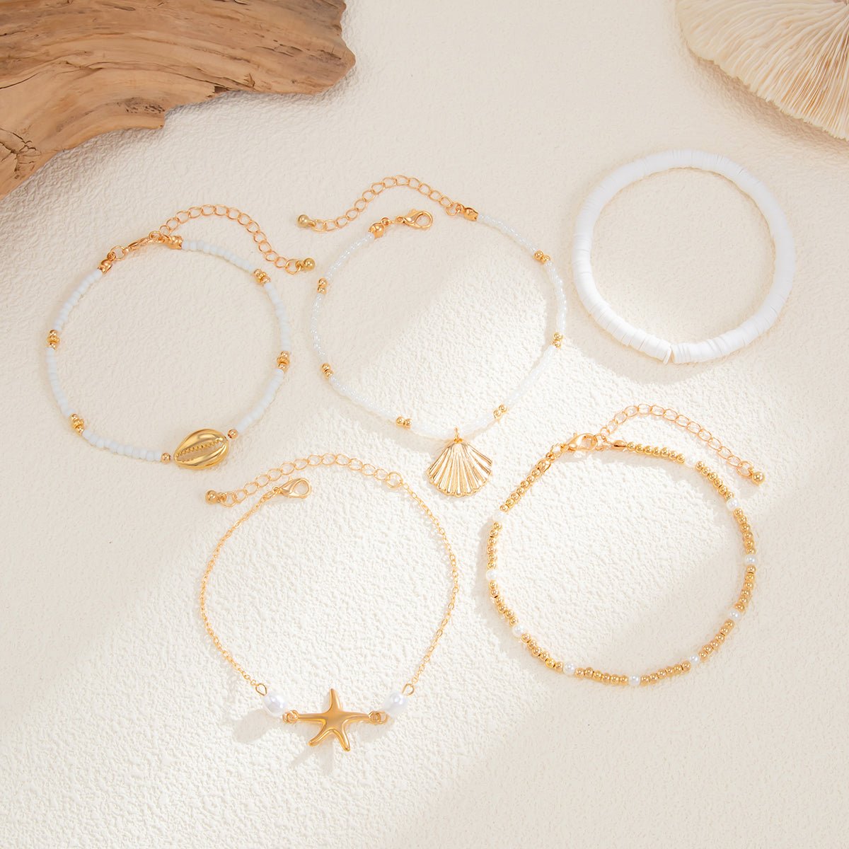 Beach Style Layered Shell Starfish Charm Seed Bead Anklet Set - ArtGalleryZen