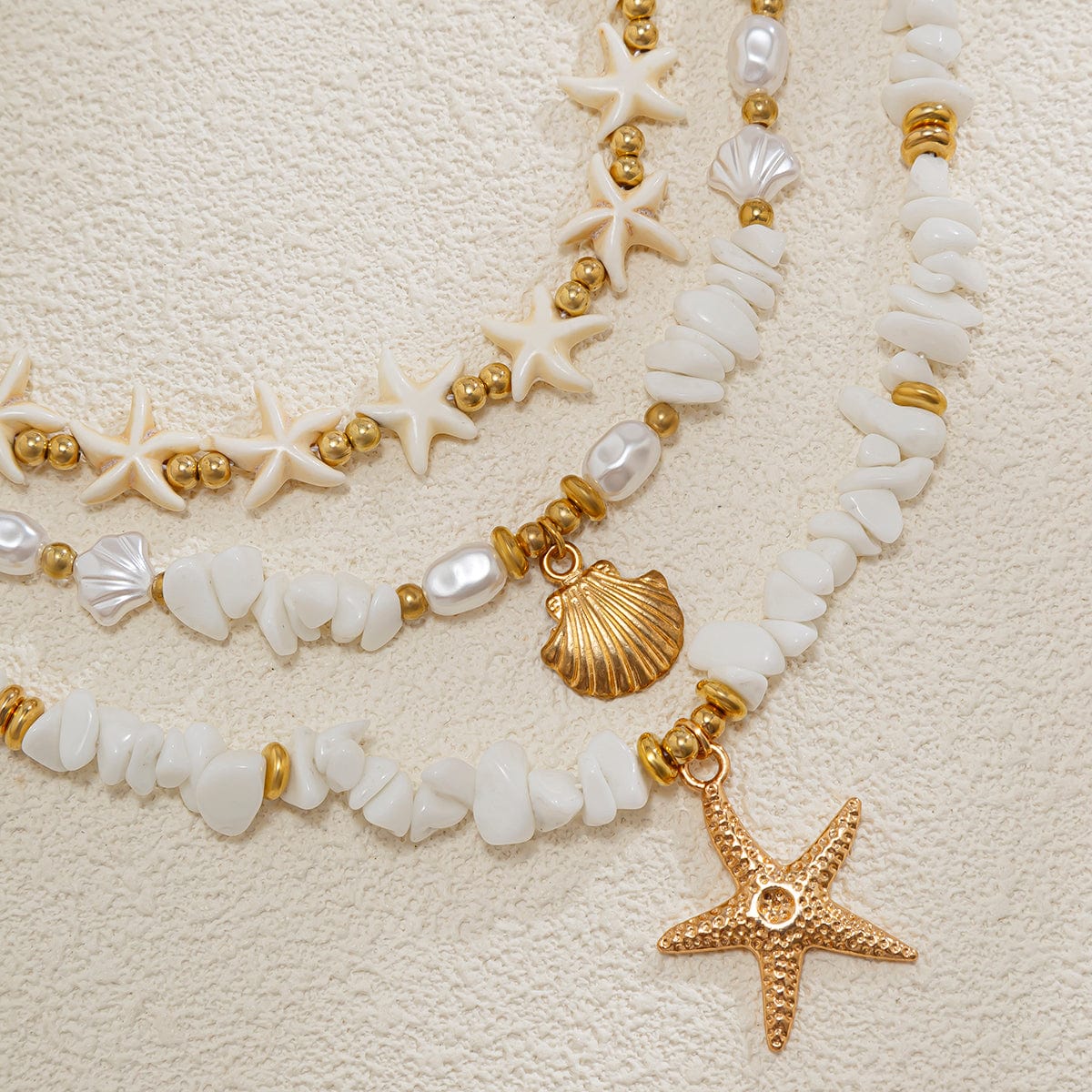 Beach Style Layered Shell Starfish Pendant Turquoise Stone Chain Necklace Set - ArtGalleryZen