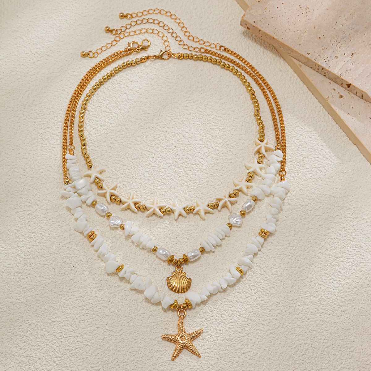 Beach Style Layered Shell Starfish Pendant Turquoise Stone Chain Necklace Set - ArtGalleryZen