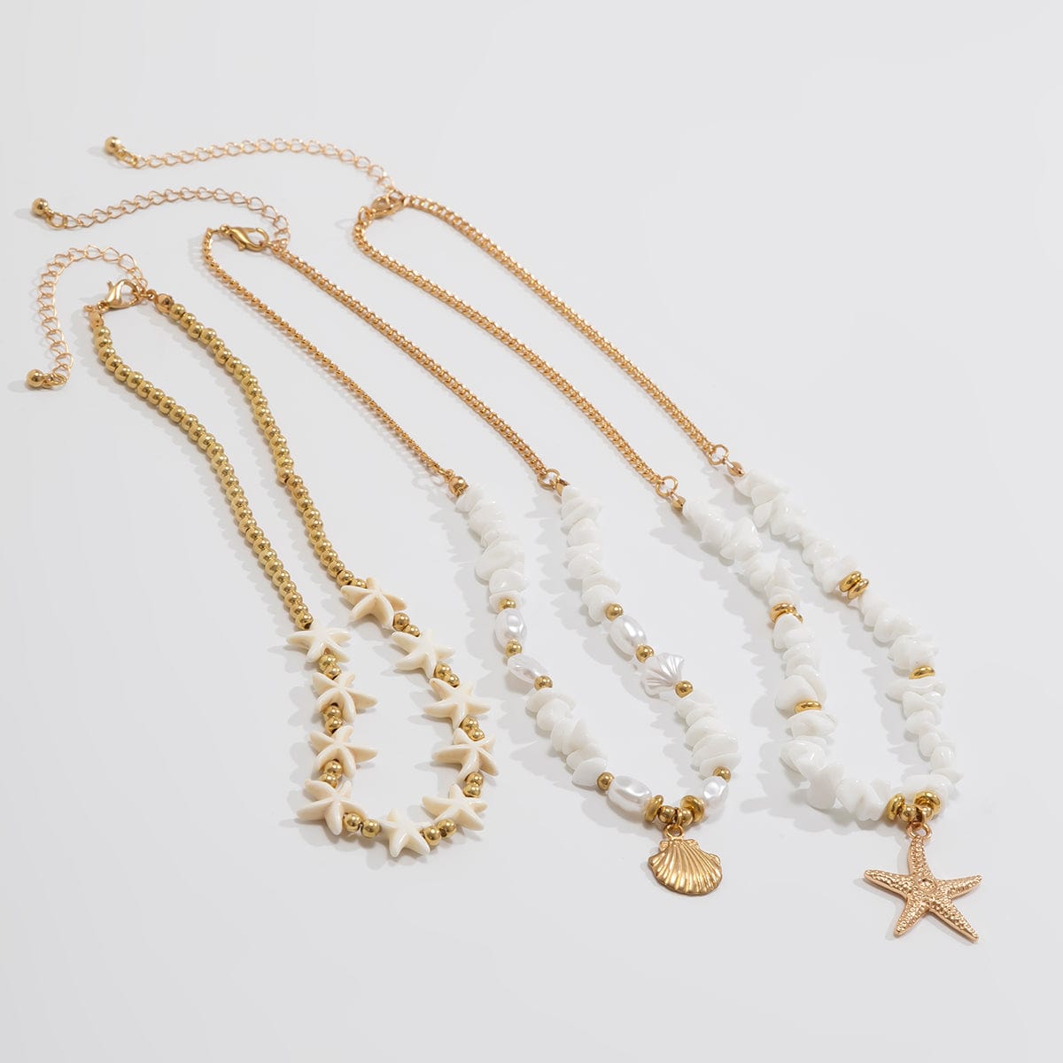 Beach Style Layered Shell Starfish Pendant Turquoise Stone Chain Necklace Set - ArtGalleryZen