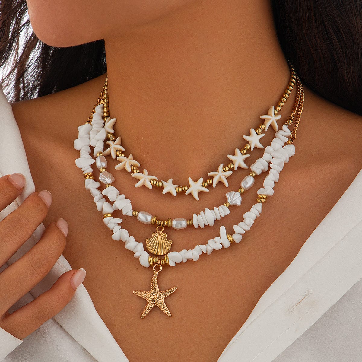 Beach Style Layered Shell Starfish Pendant Turquoise Stone Chain Necklace Set