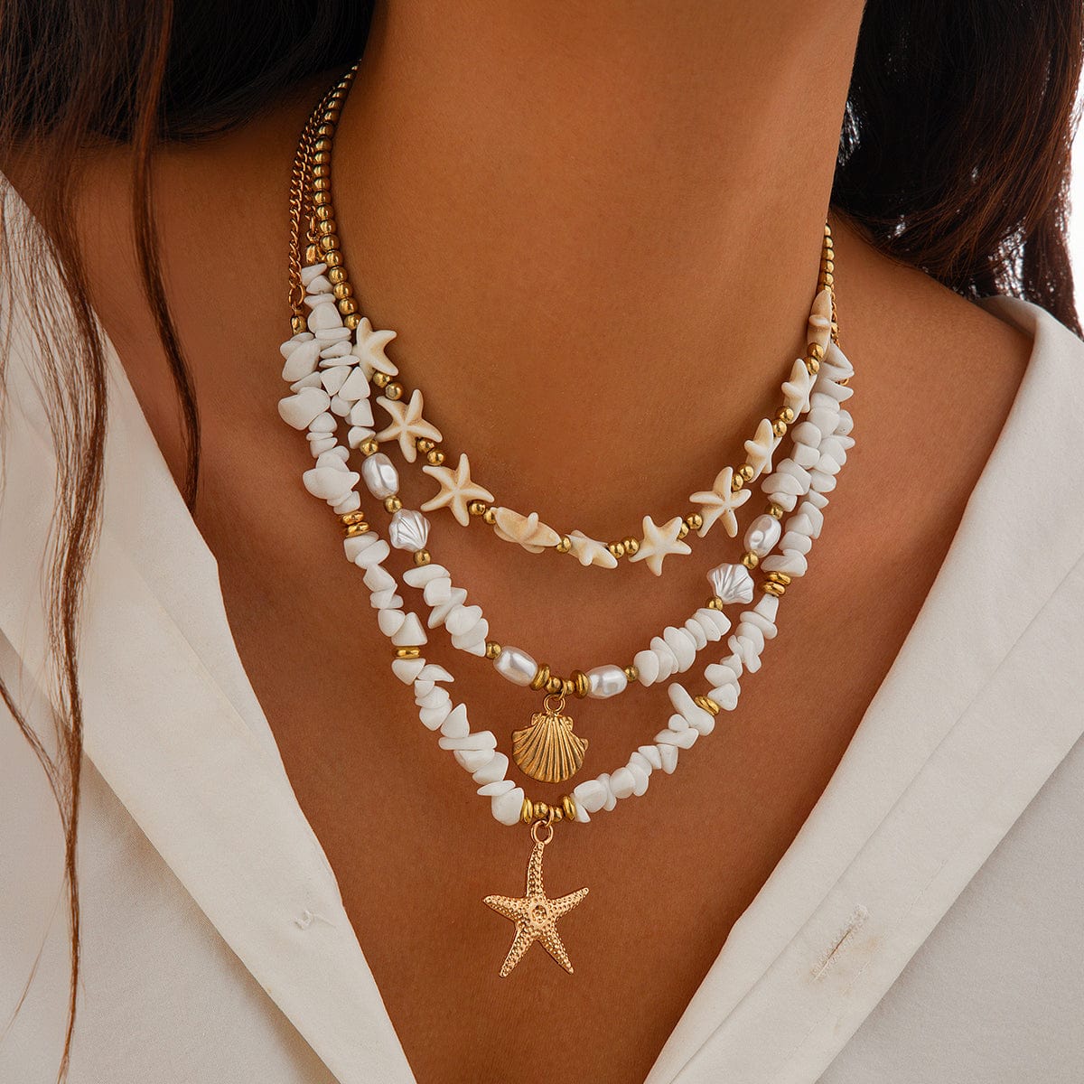 Beach Style Layered Shell Starfish Pendant Turquoise Stone Chain Necklace Set