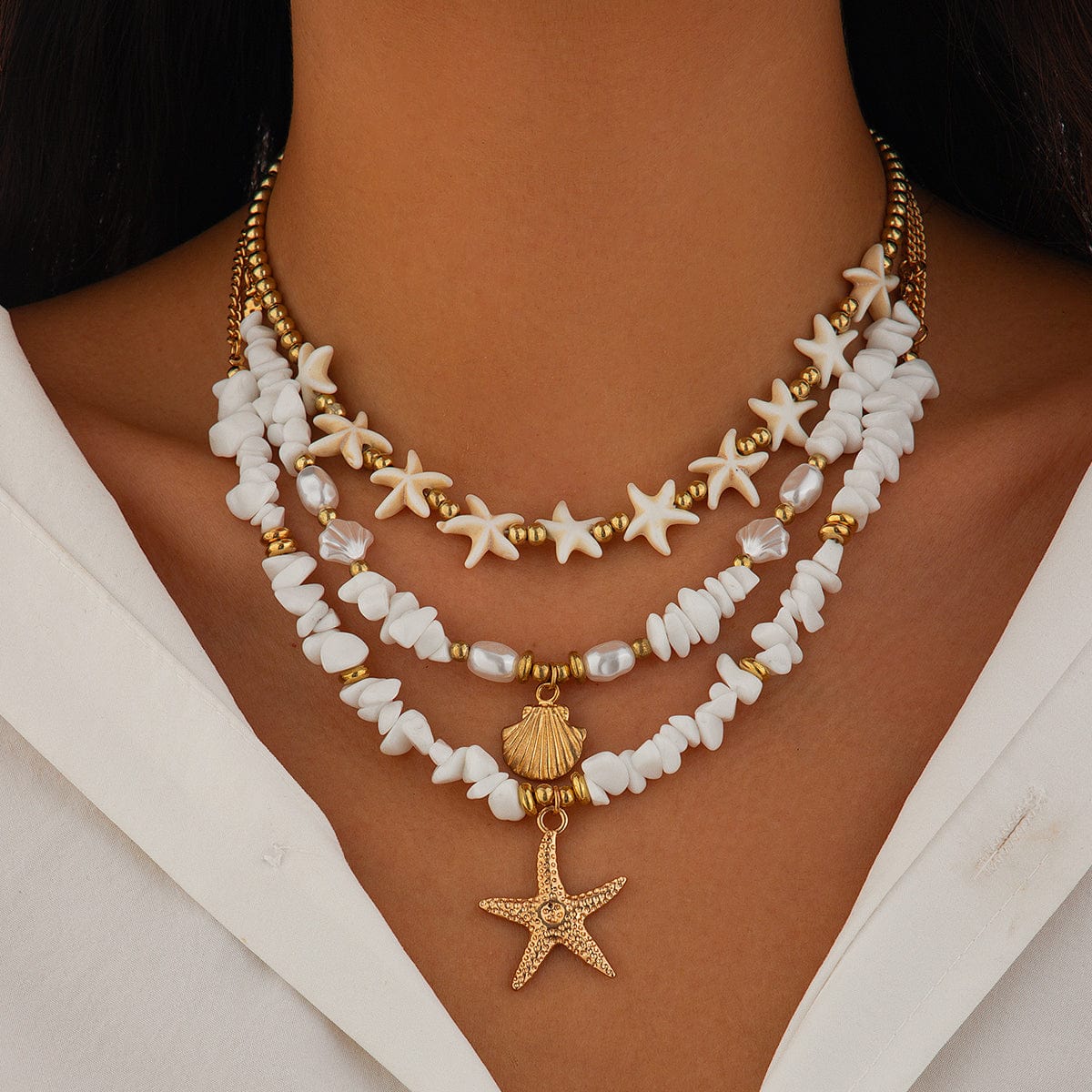 Beach Style Layered Shell Starfish Pendant Turquoise Stone Chain Necklace Set