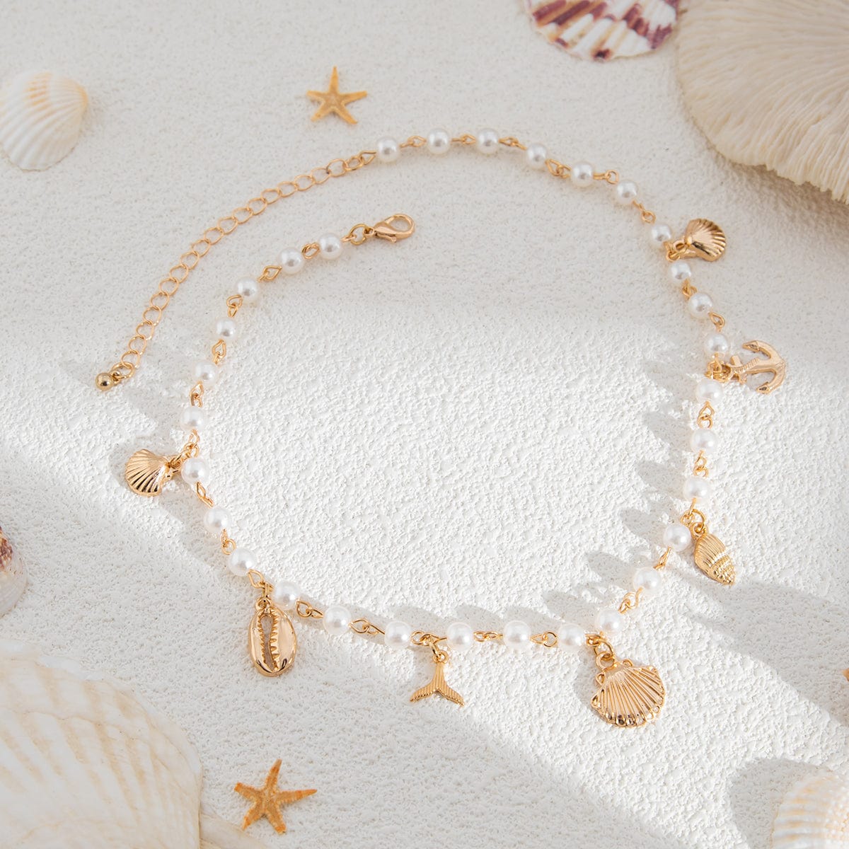 Beach Style Mermaid Tail Conch Shell Pendant Pearl Chain Necklace - ArtGalleryZen