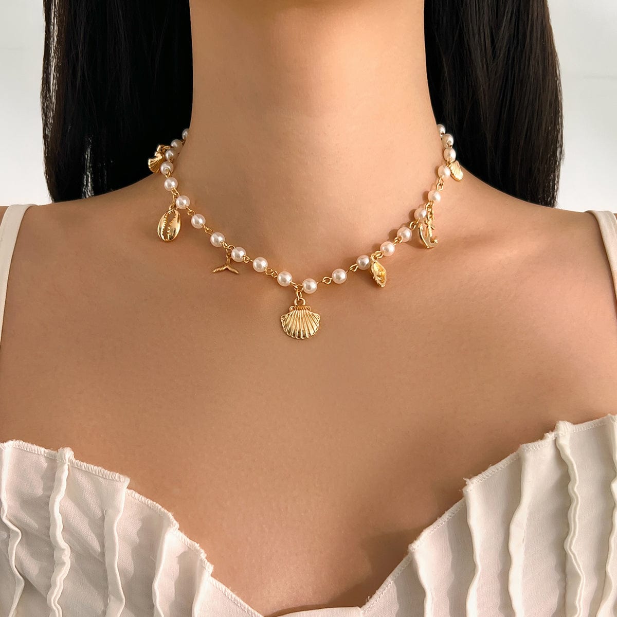 Beach Style Mermaid Tail Conch Shell Pendant Pearl Chain Necklace - ArtGalleryZen