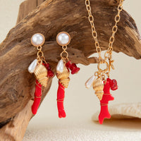 Thumbnail for Beach Style Red Coral Conch Pendant Necklace Earrings Set - ArtGalleryZen