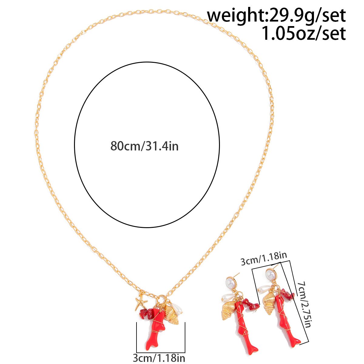 Beach Style Red Coral Conch Pendant Necklace Earrings Set - ArtGalleryZen