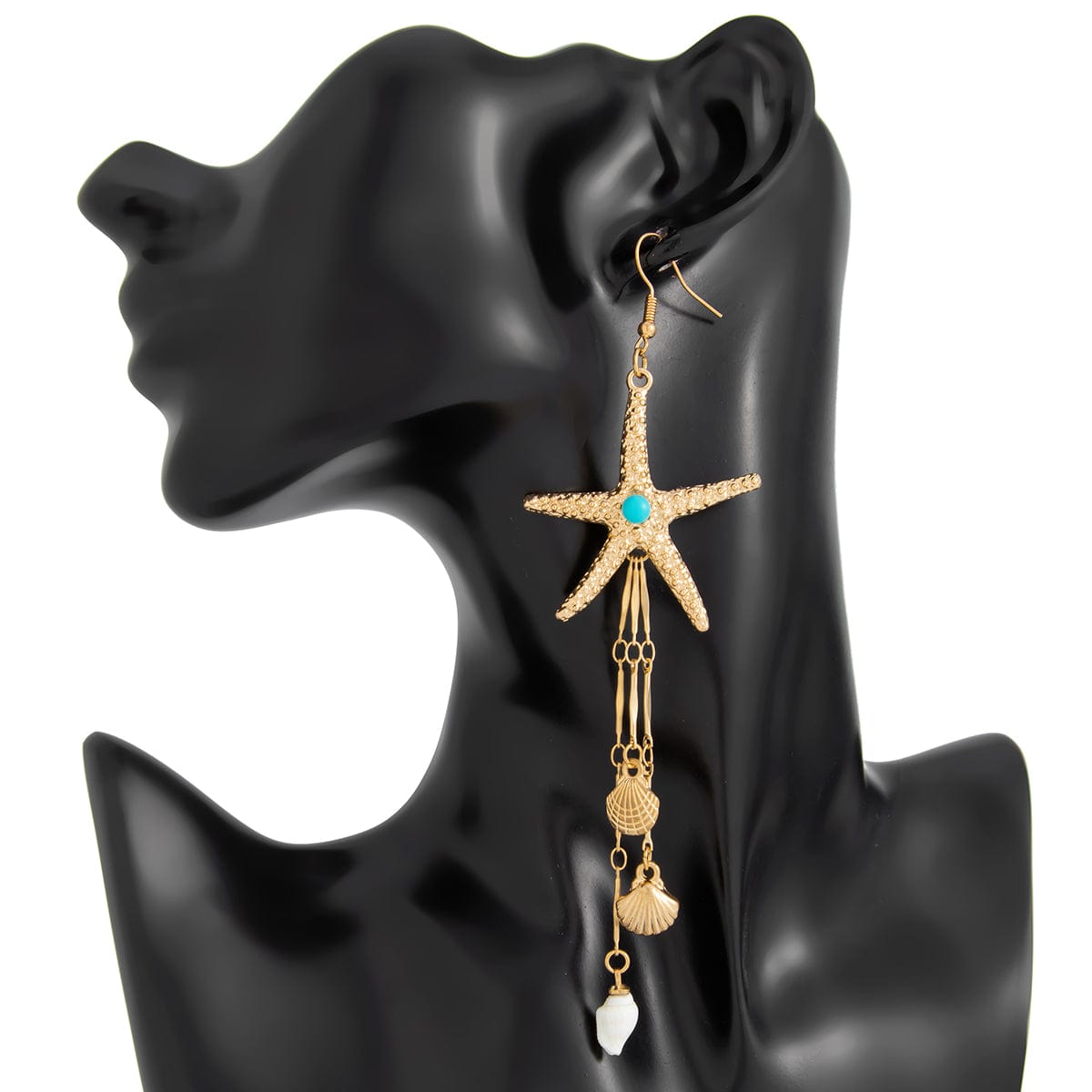 Beach Style Turquoise Inlaid Starfish Conch Shell Dangle Earrings - ArtGalleryZen