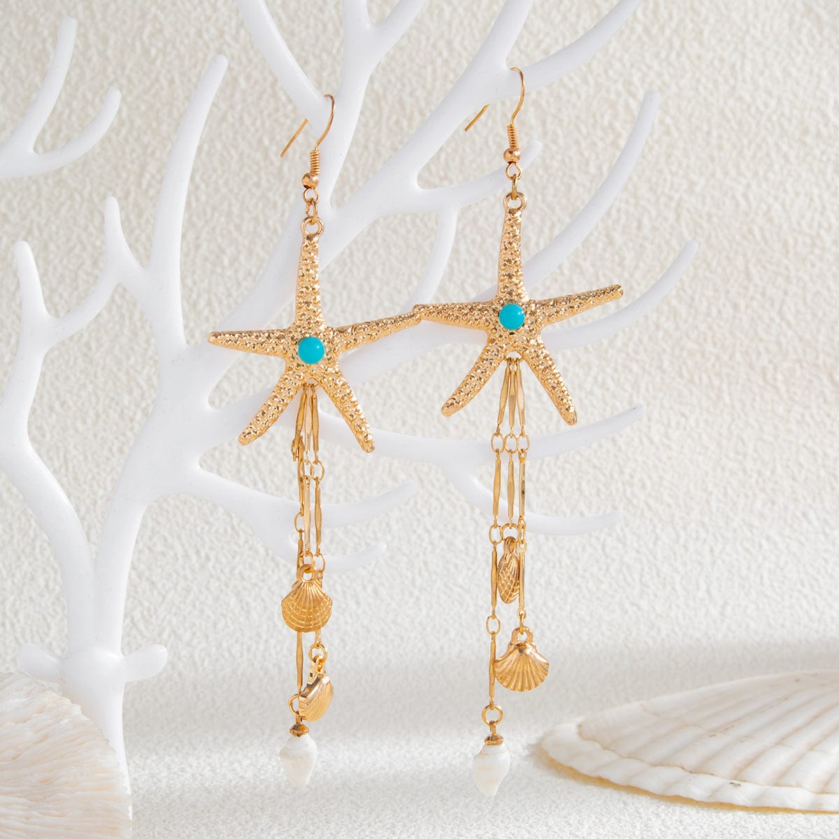 Beach Style Turquoise Inlaid Starfish Conch Shell Dangle Earrings - ArtGalleryZen