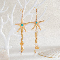 Thumbnail for Beach Style Turquoise Inlaid Starfish Conch Shell Dangle Earrings - ArtGalleryZen