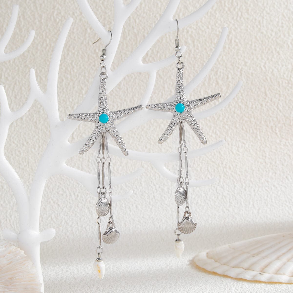 Beach Style Turquoise Inlaid Starfish Conch Shell Dangle Earrings - ArtGalleryZen