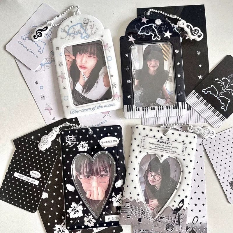 Black White Piano Melody Heart Kpop Keychain Photocard Holder - ArtGalleryZen