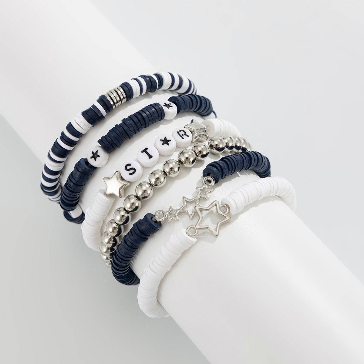 Black White Polymer Clay Beaded Bracelet Set Star Letter Charm - ArtGalleryZen