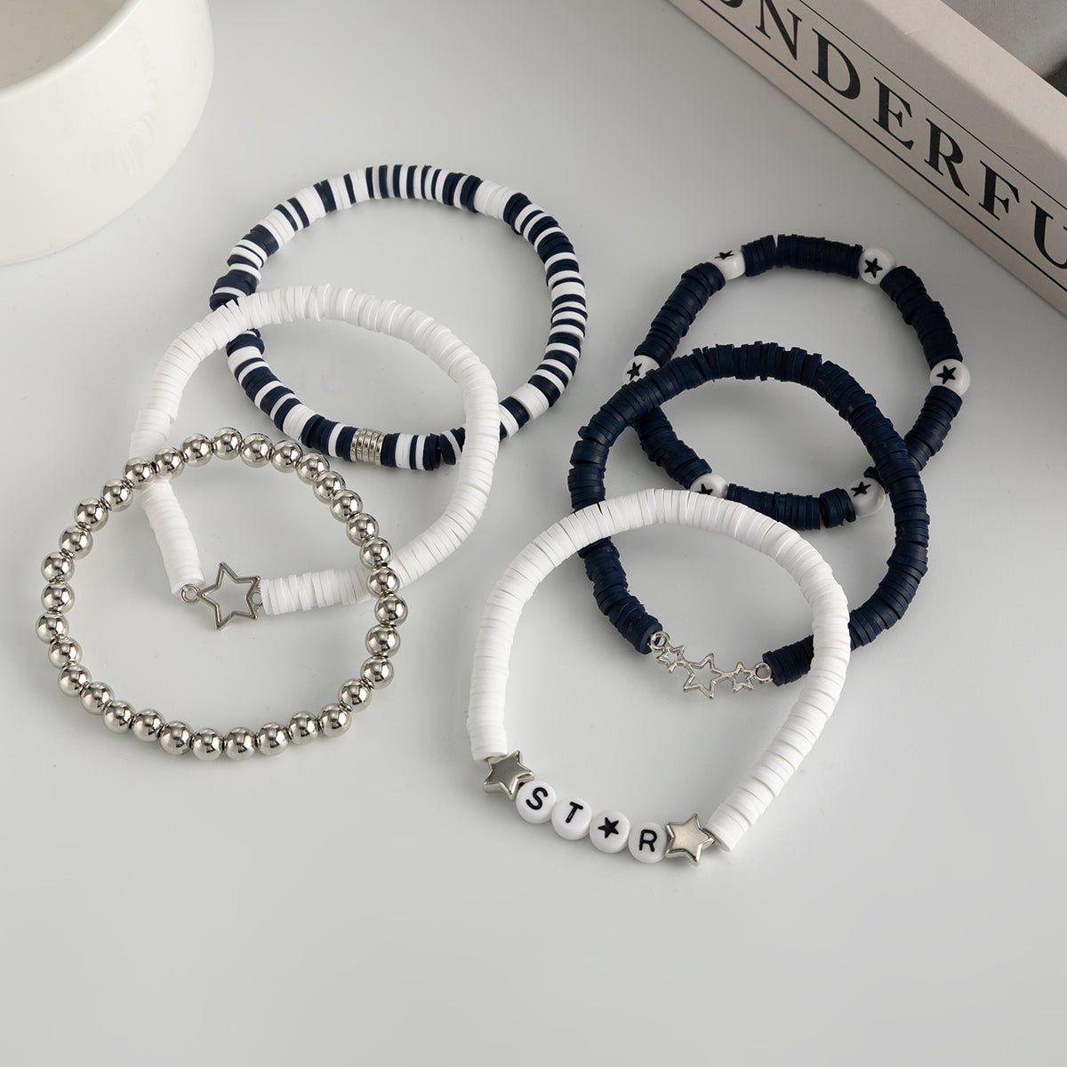 Black White Polymer Clay Beaded Bracelet Set Star Letter Charm - ArtGalleryZen