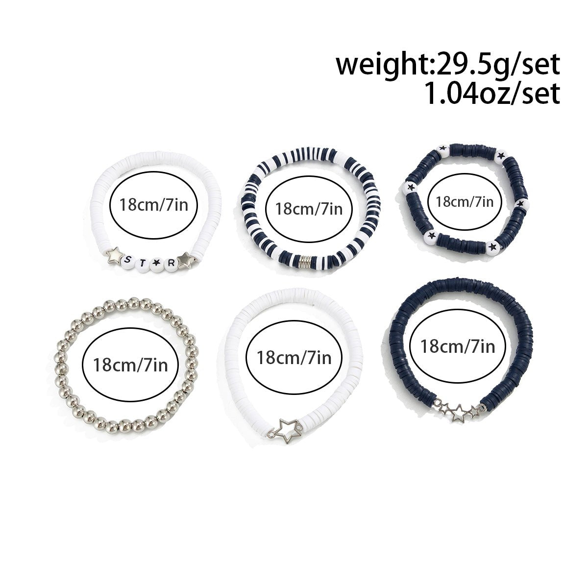 Black White Polymer Clay Beaded Bracelet Set Star Letter Charm - ArtGalleryZen