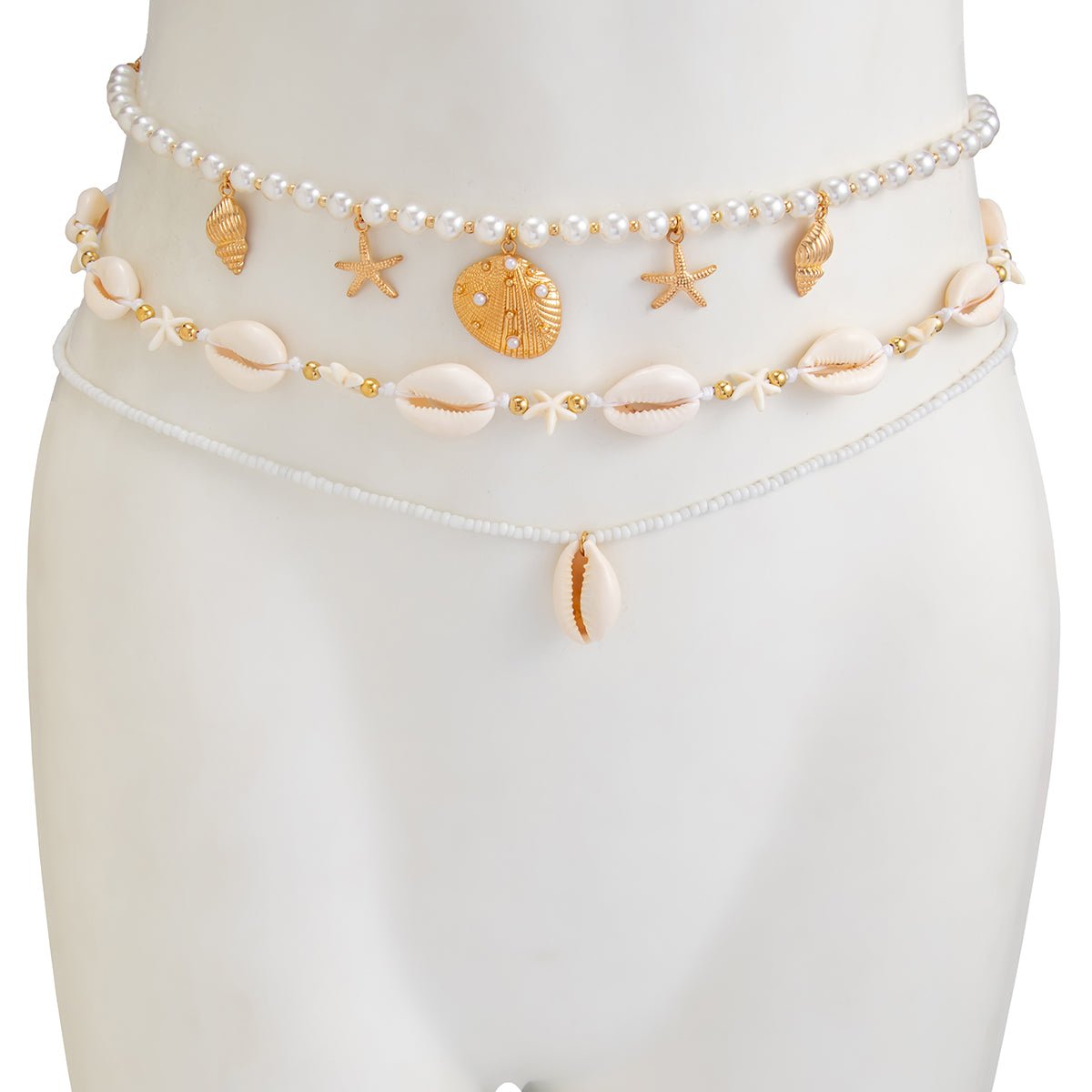 Bohemia 2pcs Conch Shell Starfish Charm Pearl Seed Beaded Waist Chain Set - ArtGalleryZen