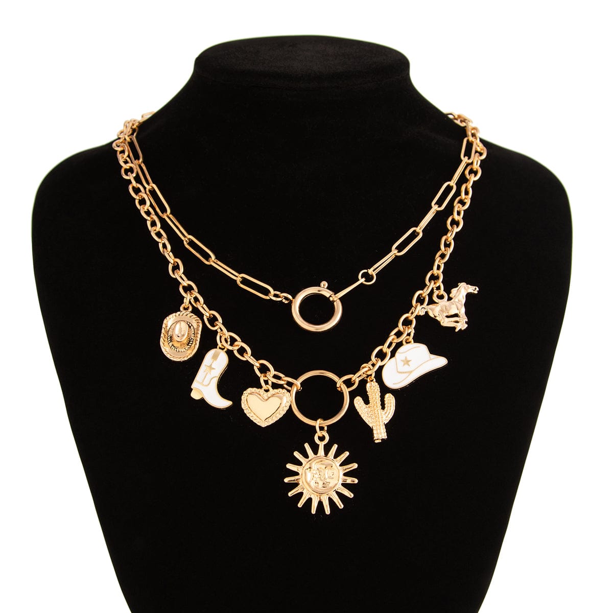 Bohemia 2pcs Gold Tone Sun Enamel Boot Cowboy Hat Charm Necklace Set - ArtGalleryZen