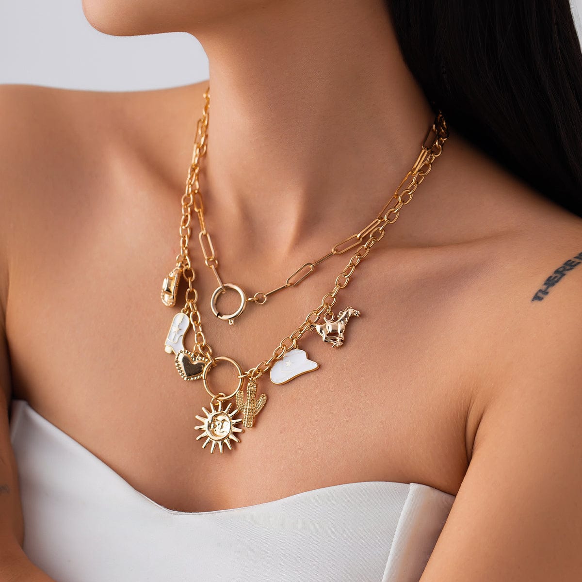 Bohemia 2pcs Gold Tone Sun Enamel Boot Cowboy Hat Charm Necklace Set - ArtGalleryZen