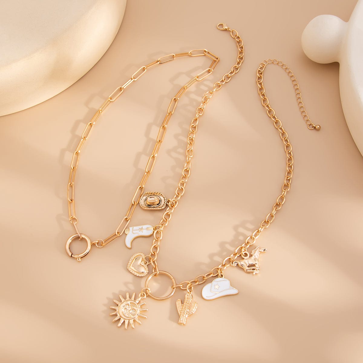 Bohemia 2pcs Gold Tone Sun Enamel Boot Cowboy Hat Charm Necklace Set - ArtGalleryZen