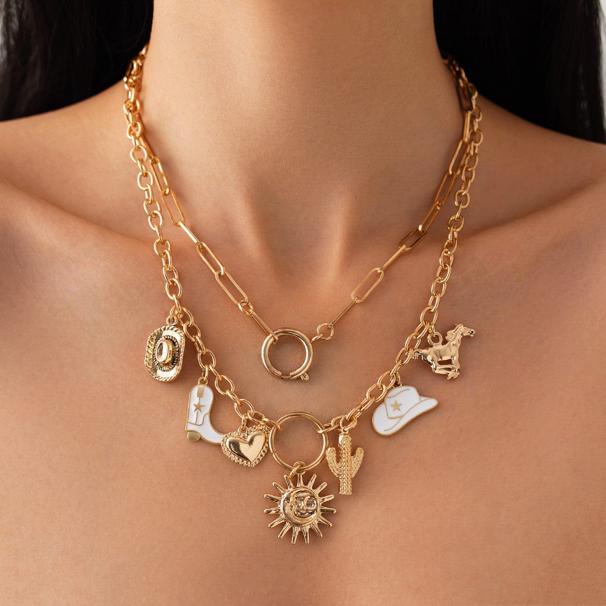 Bohemia 2pcs Gold Tone Sun Enamel Boot Cowboy Hat Charm Necklace Set - ArtGalleryZen
