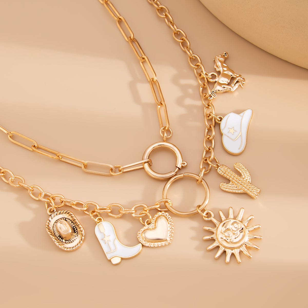 Bohemia 2pcs Gold Tone Sun Enamel Boot Cowboy Hat Charm Necklace Set - ArtGalleryZen