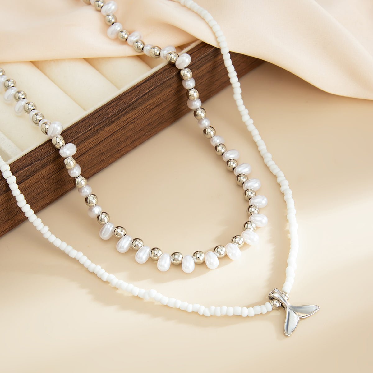 Bohemia 2pcs Mermaid Tail Pendant Pearl Seed Beaded Necklace Set - ArtGalleryZen
