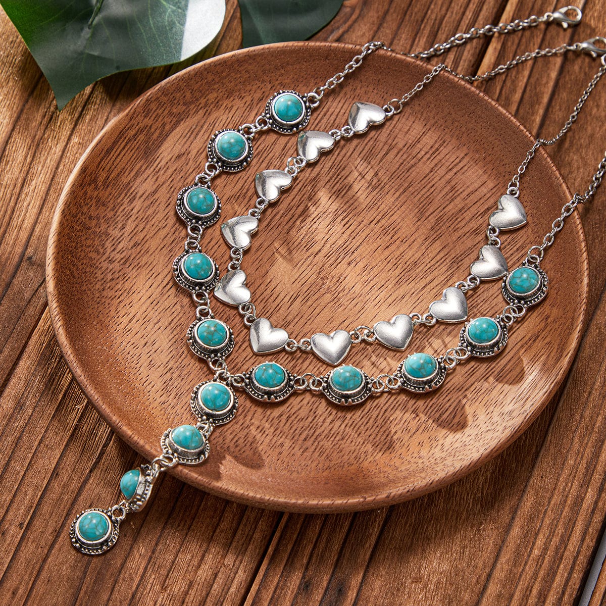 Bohemia 2pcs Turquoise Heart Chain Y Necklace Set - ArtGalleryZen