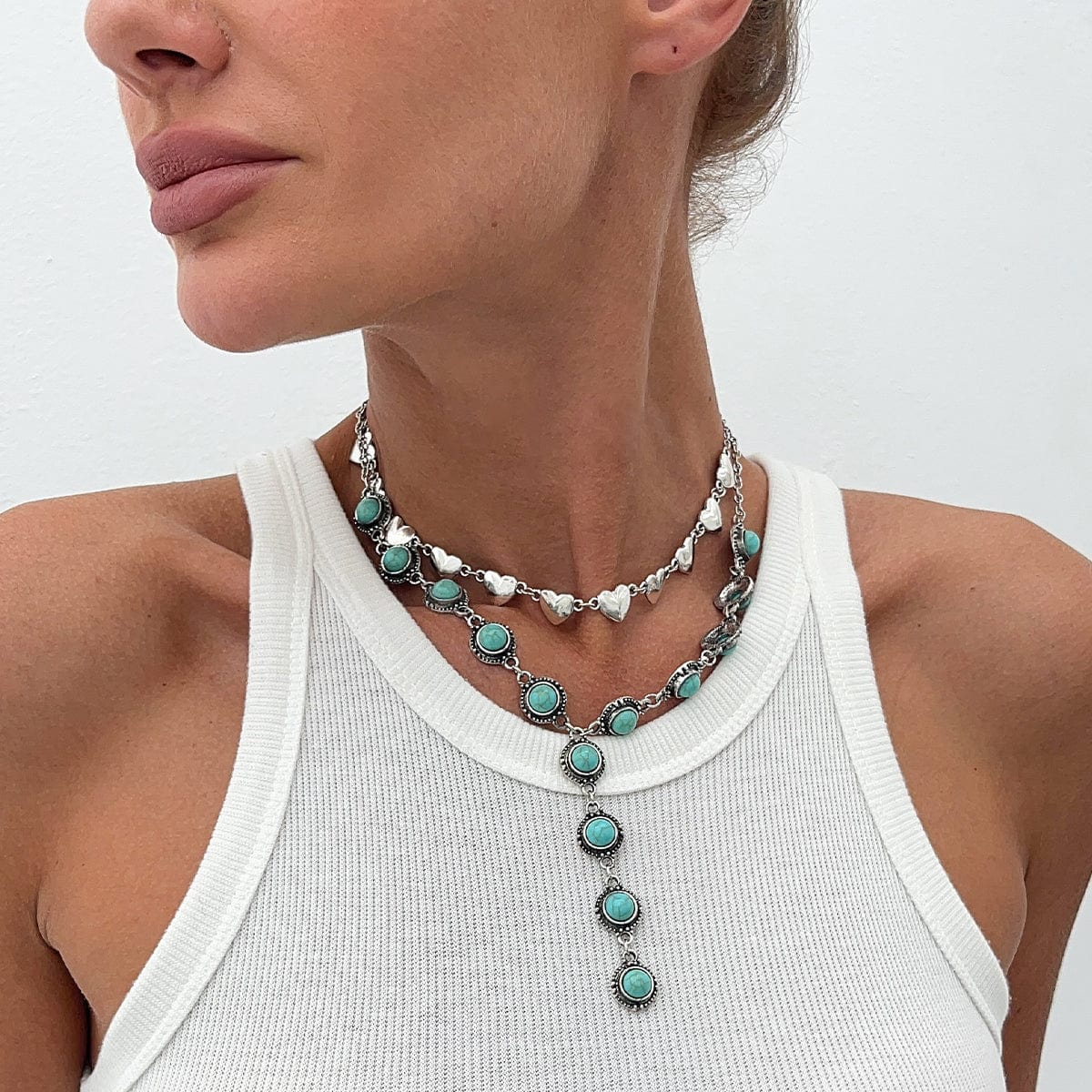 Bohemia 2pcs Turquoise Heart Chain Y Necklace Set - ArtGalleryZen