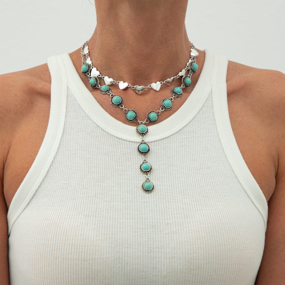 Bohemia 2pcs Turquoise Heart Chain Y Necklace Set - ArtGalleryZen