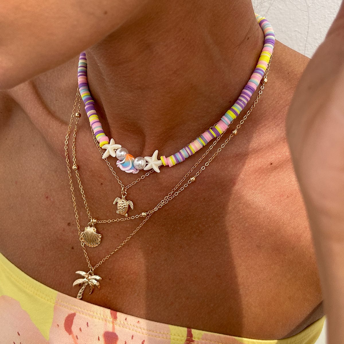 Bohemia 2pcs Turtle Shell Coconut Tree Flower Pendant Polymer Clay Necklace Set - ArtGalleryZen