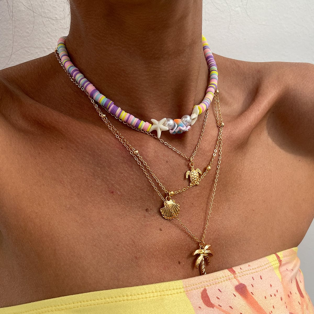 Bohemia 2pcs Turtle Shell Coconut Tree Flower Pendant Polymer Clay Necklace Set - ArtGalleryZen