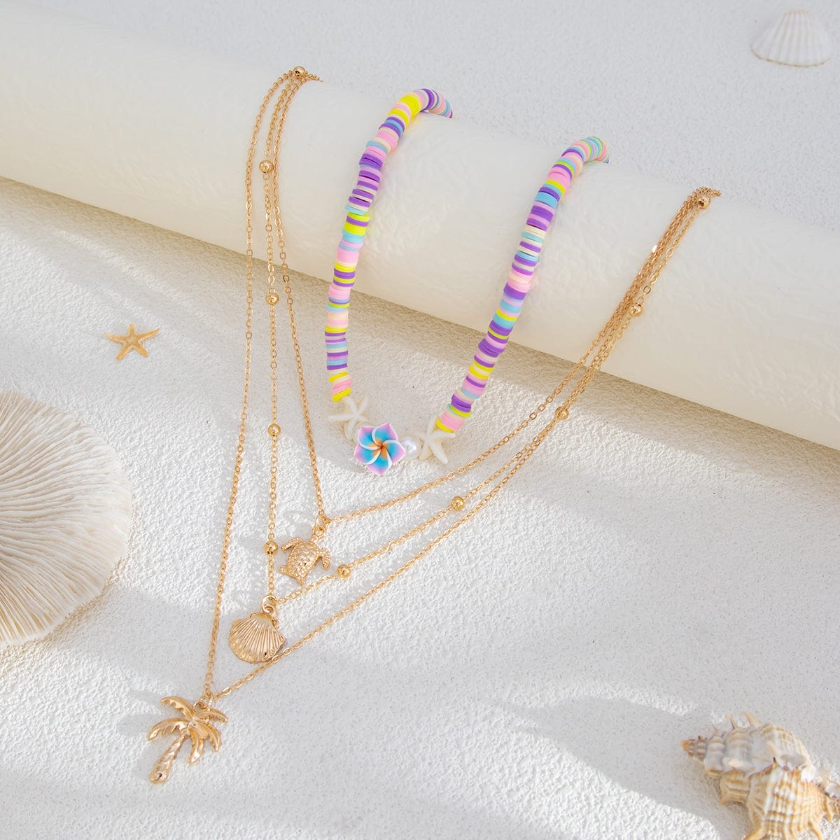 Bohemia 2pcs Turtle Shell Coconut Tree Flower Pendant Polymer Clay Necklace Set - ArtGalleryZen