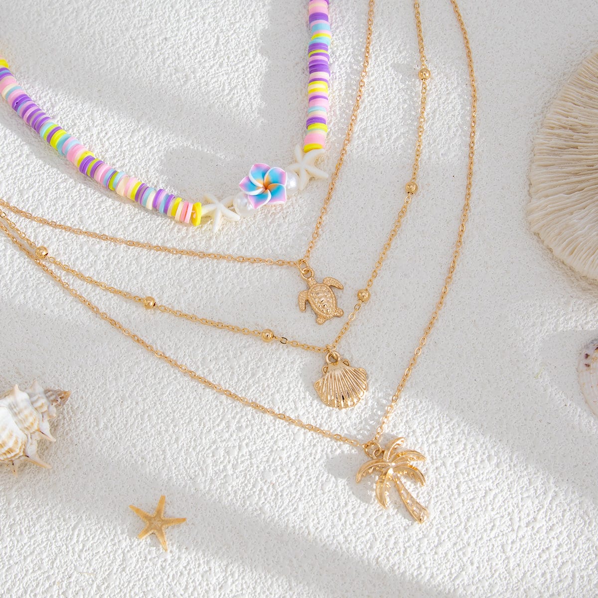 Bohemia 2pcs Turtle Shell Coconut Tree Flower Pendant Polymer Clay Necklace Set - ArtGalleryZen