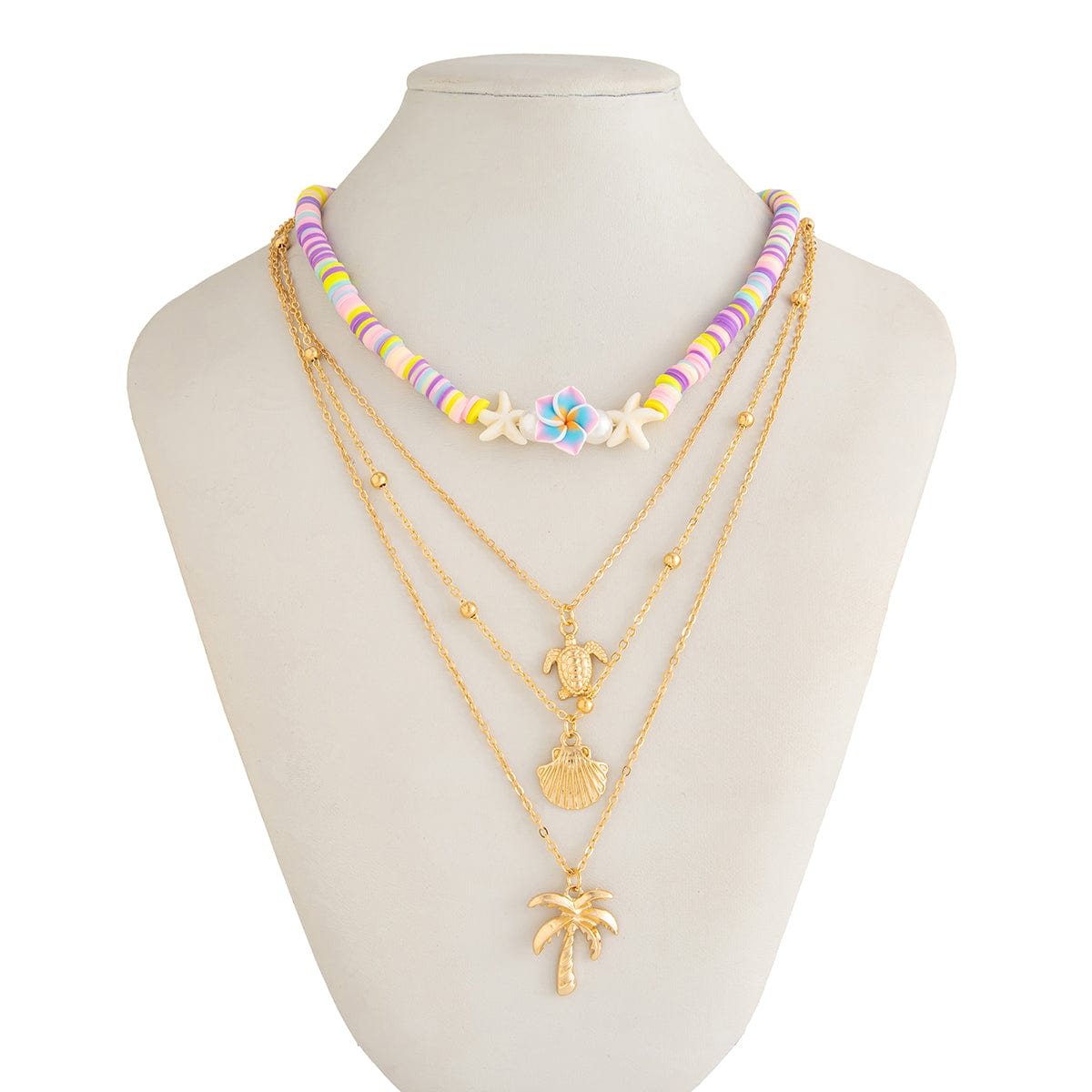 Bohemia 2pcs Turtle Shell Coconut Tree Flower Pendant Polymer Clay Necklace Set - ArtGalleryZen