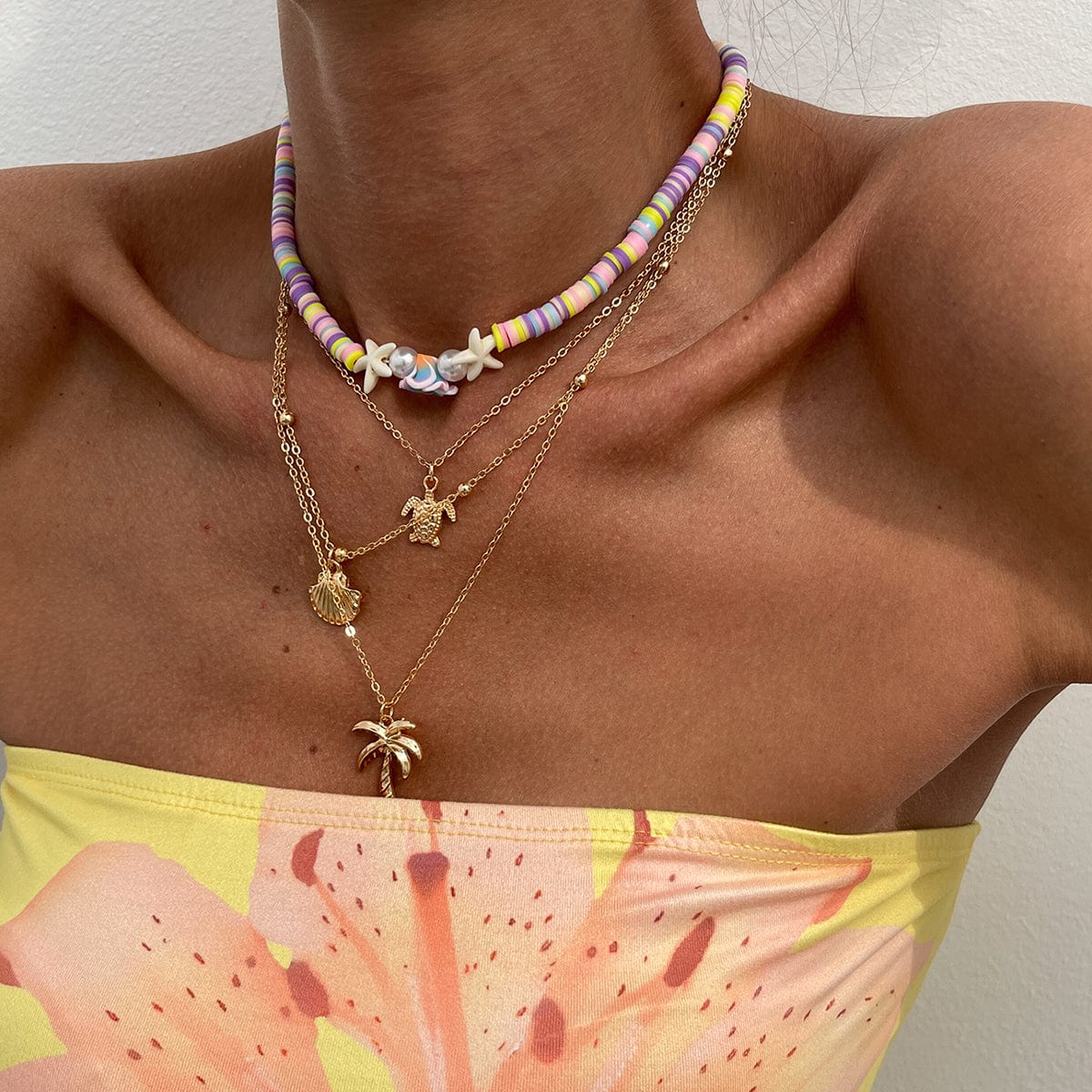 Bohemia 2pcs Turtle Shell Coconut Tree Flower Pendant Polymer Clay Necklace Set - ArtGalleryZen