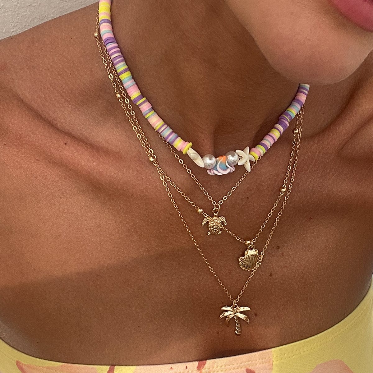 Bohemia 2pcs Turtle Shell Coconut Tree Flower Pendant Polymer Clay Necklace Set