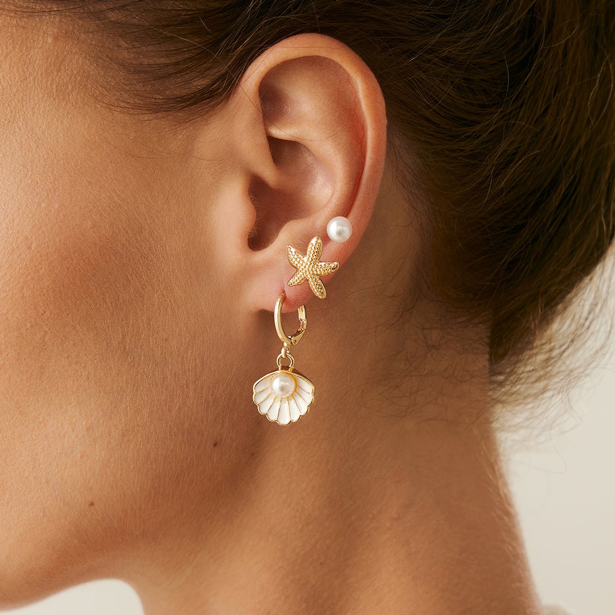 Bohemia 3 Pairs Pearl Enamel Shell Starfish Dangle Earrings Set - ArtGalleryZen