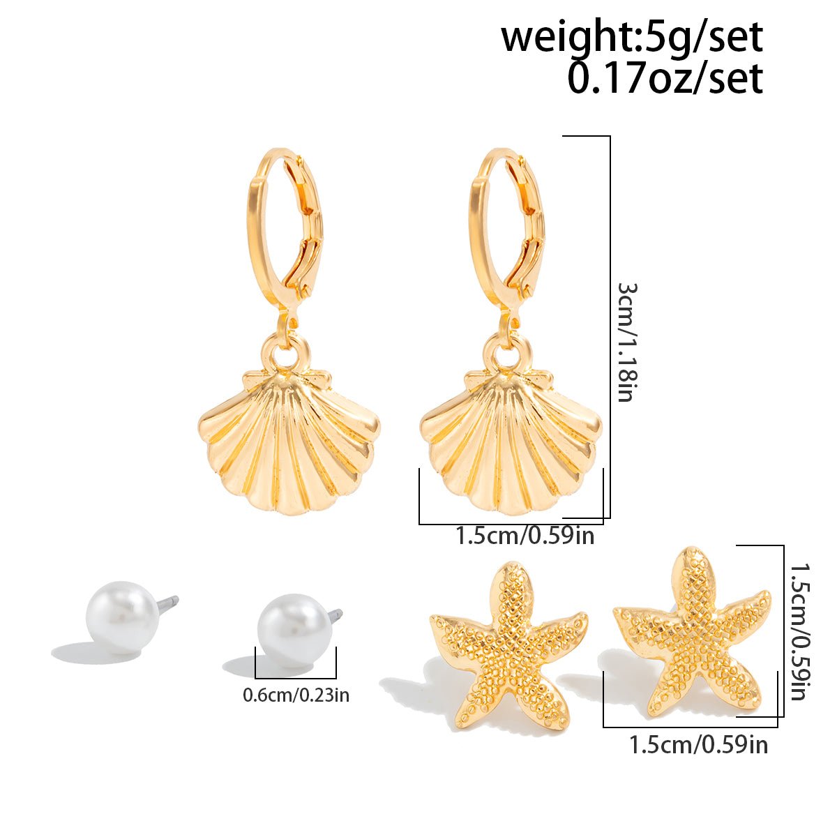 Bohemia 3 Pairs Pearl Enamel Shell Starfish Dangle Earrings Set - ArtGalleryZen