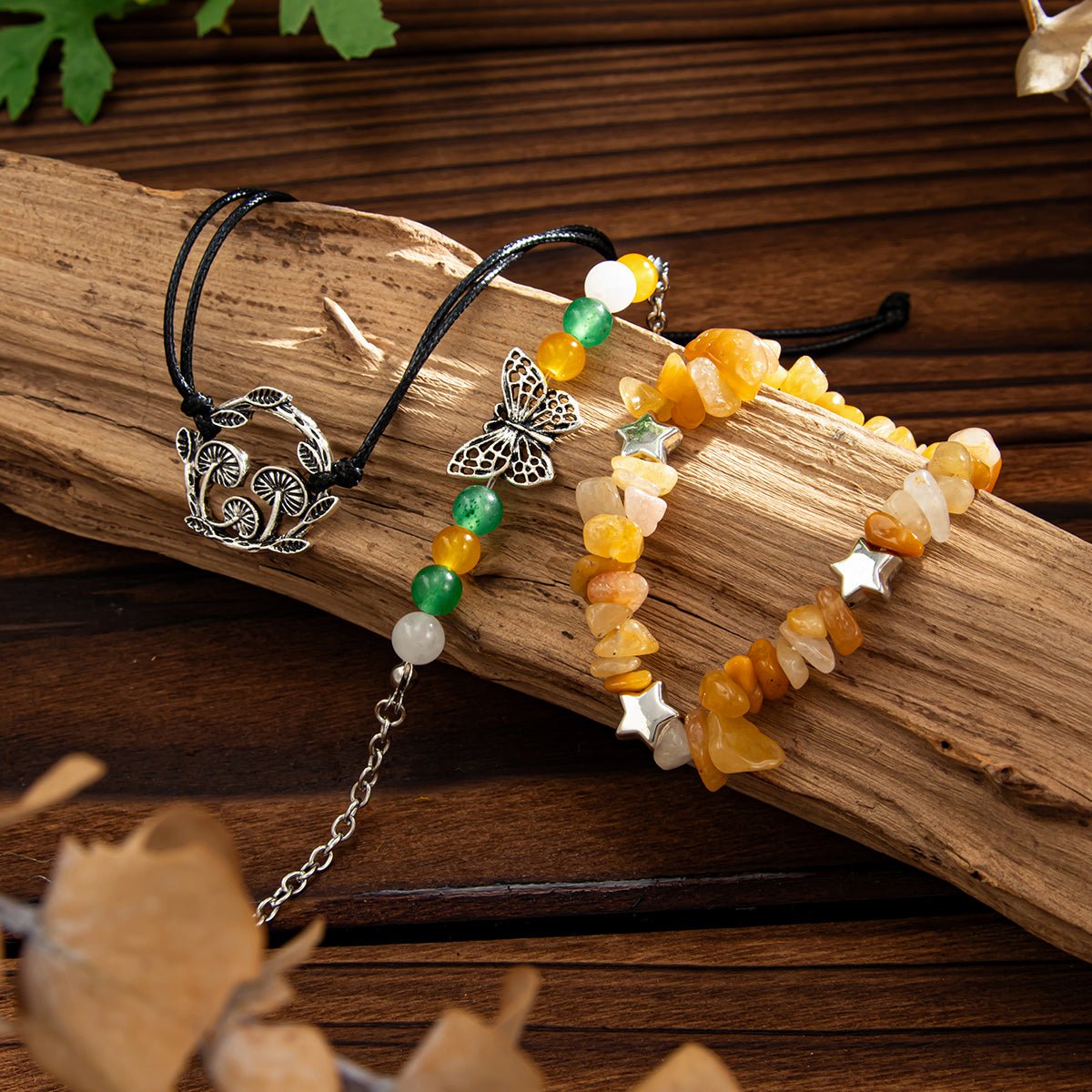 Bohemia 3pcs Butterfly Mushroom Charm Turquoise Stone Bracelet Set - ArtGalleryZen