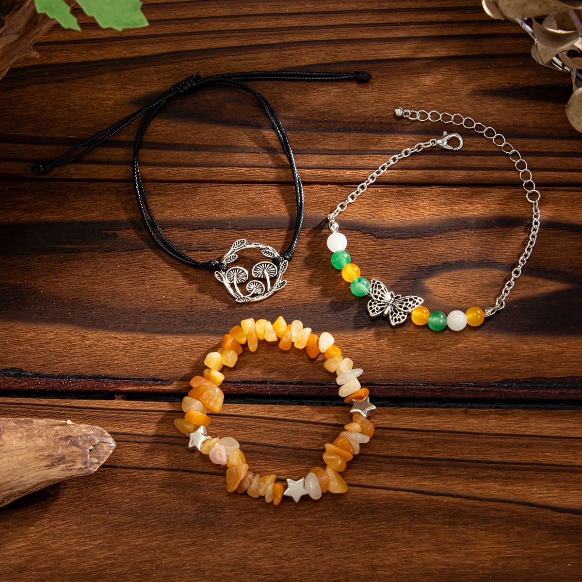 Bohemia 3pcs Butterfly Mushroom Charm Turquoise Stone Bracelet Set - ArtGalleryZen