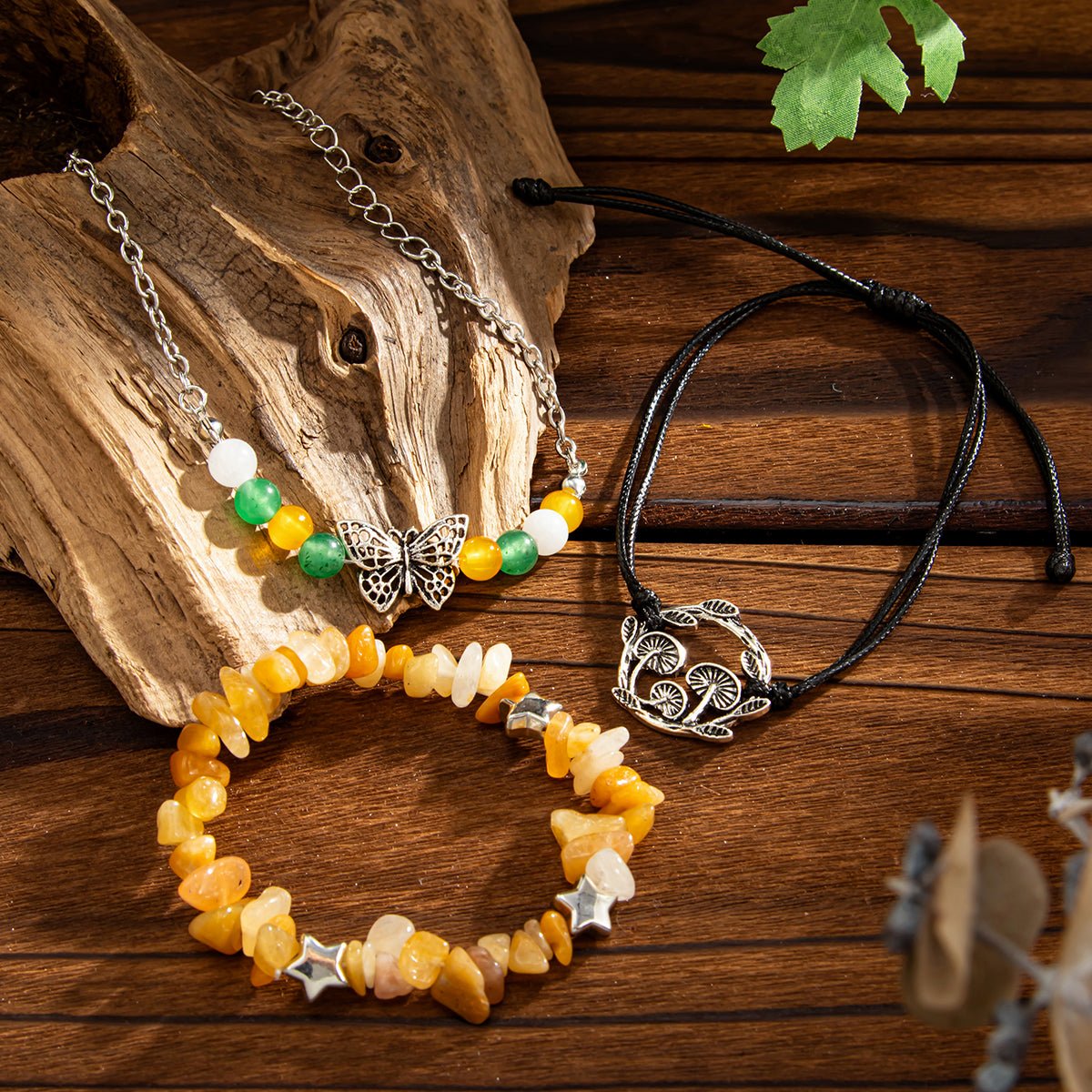 Bohemia 3pcs Butterfly Mushroom Charm Turquoise Stone Bracelet Set - ArtGalleryZen