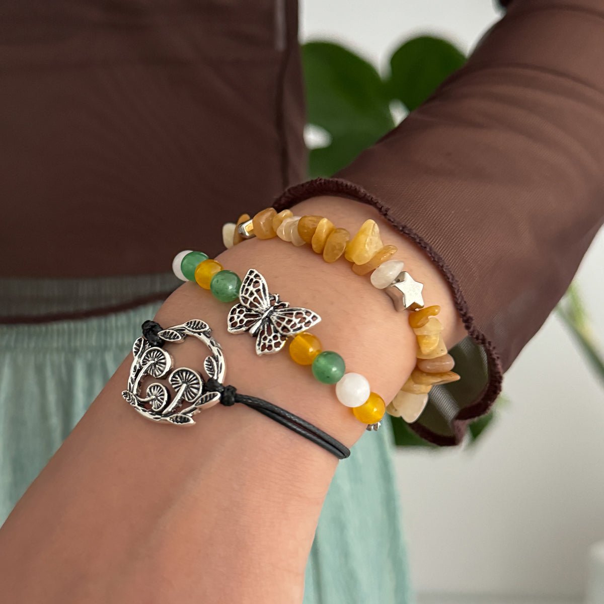 Bohemia 3pcs Butterfly Mushroom Charm Turquoise Stone Bracelet Set - ArtGalleryZen