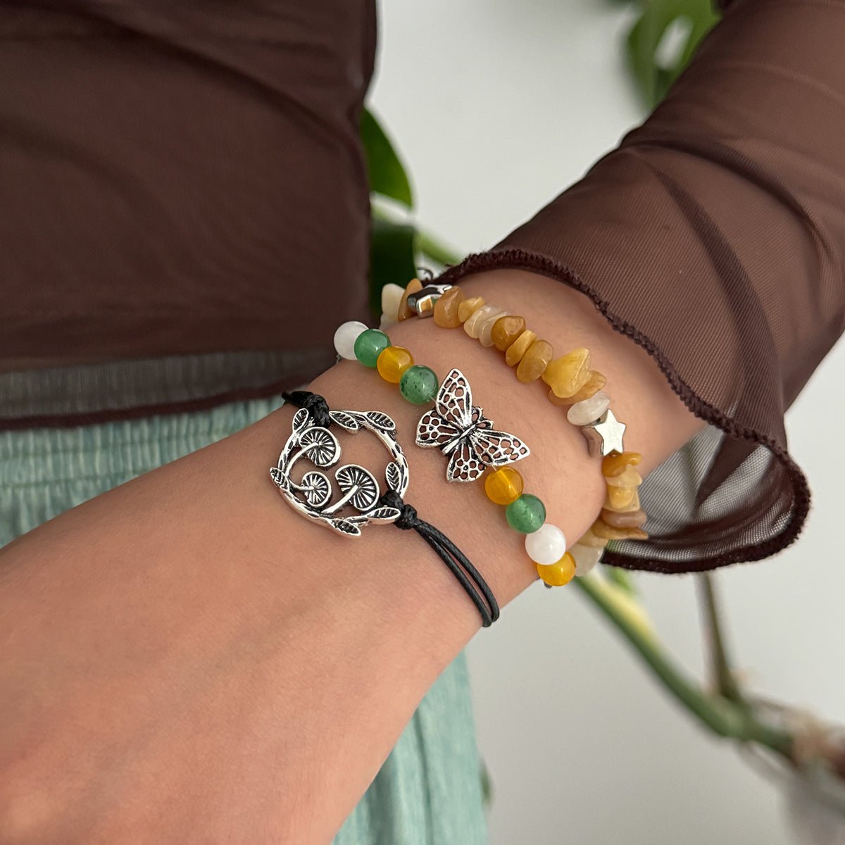 Bohemia 3pcs Butterfly Mushroom Charm Turquoise Stone Bracelet Set - ArtGalleryZen