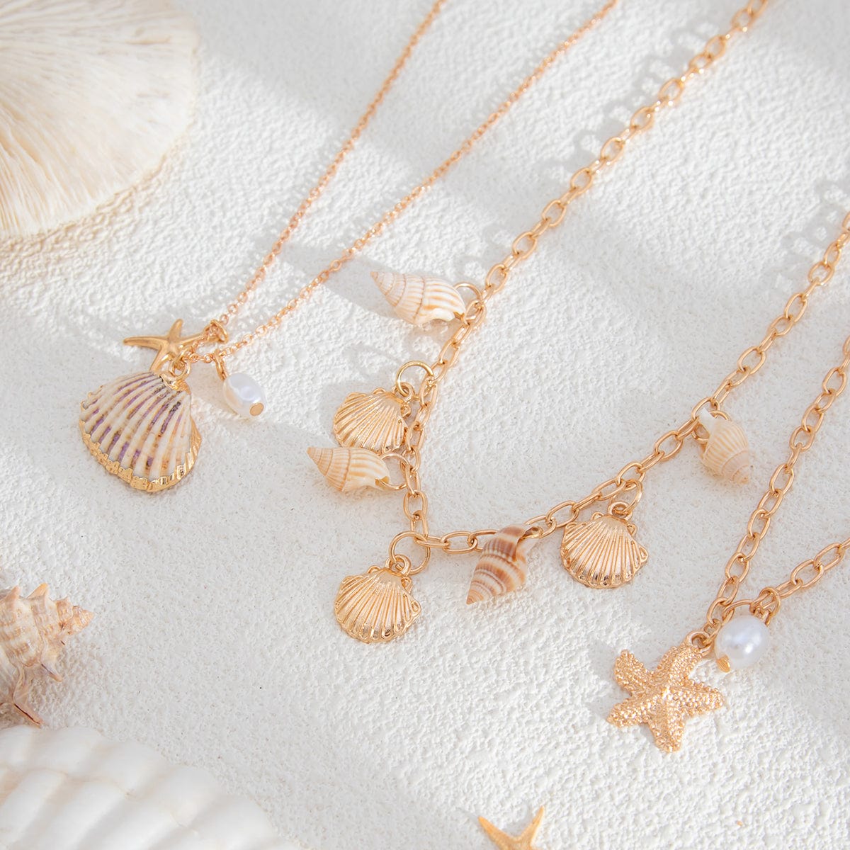Bohemia 3pcs Conch Shell Starfish Pearl Pendant Necklace Set