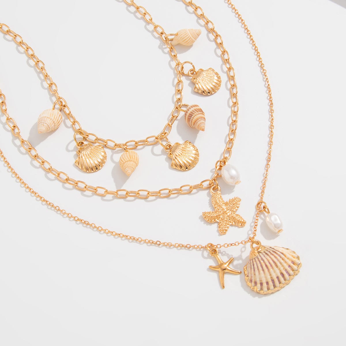 Bohemia 3pcs Conch Shell Starfish Pearl Pendant Necklace Set