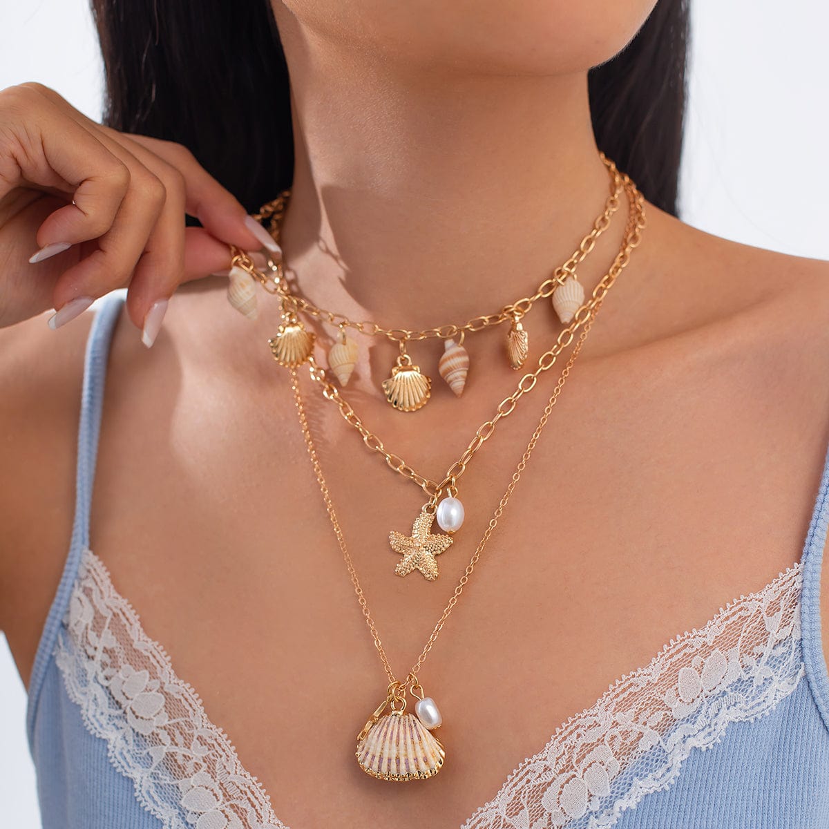 Bohemia 3pcs Conch Shell Starfish Pearl Pendant Necklace Set